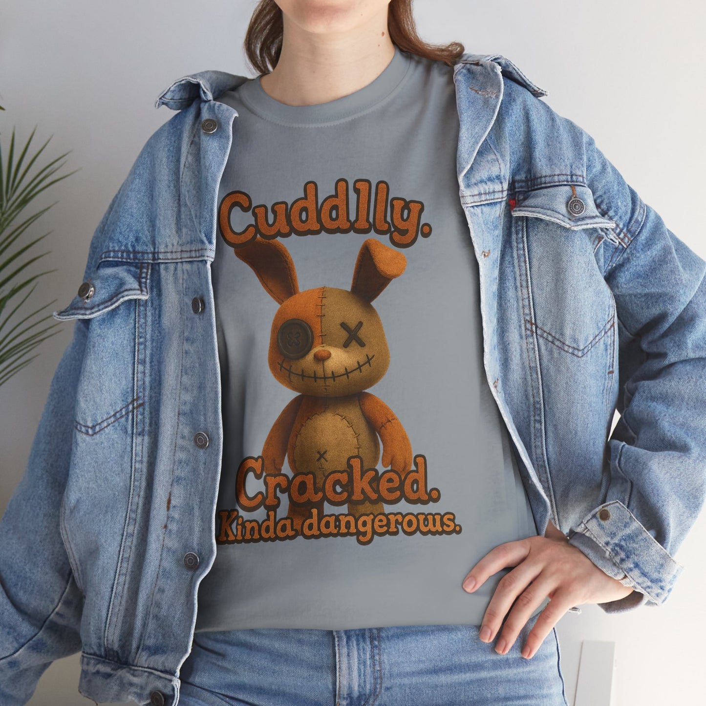 T‑Shirt — "Cuddly. Cracked. Kinda dangerous." Distressed Bunny Graphic Tee