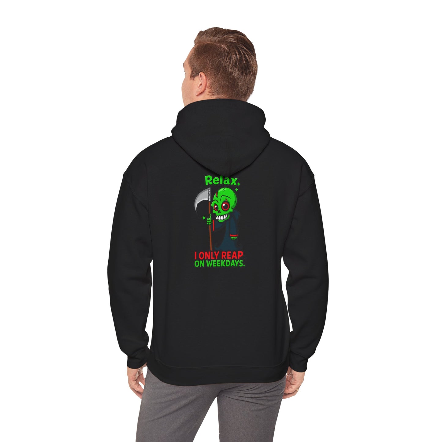 Grim Reaper Cartoon Hoodie — "I Only Read on Weekdays" Graphic Pullover