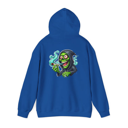 Grinning Reaper Hooded Sweatshirt – Spooky Green Skull Smoking Hoodie