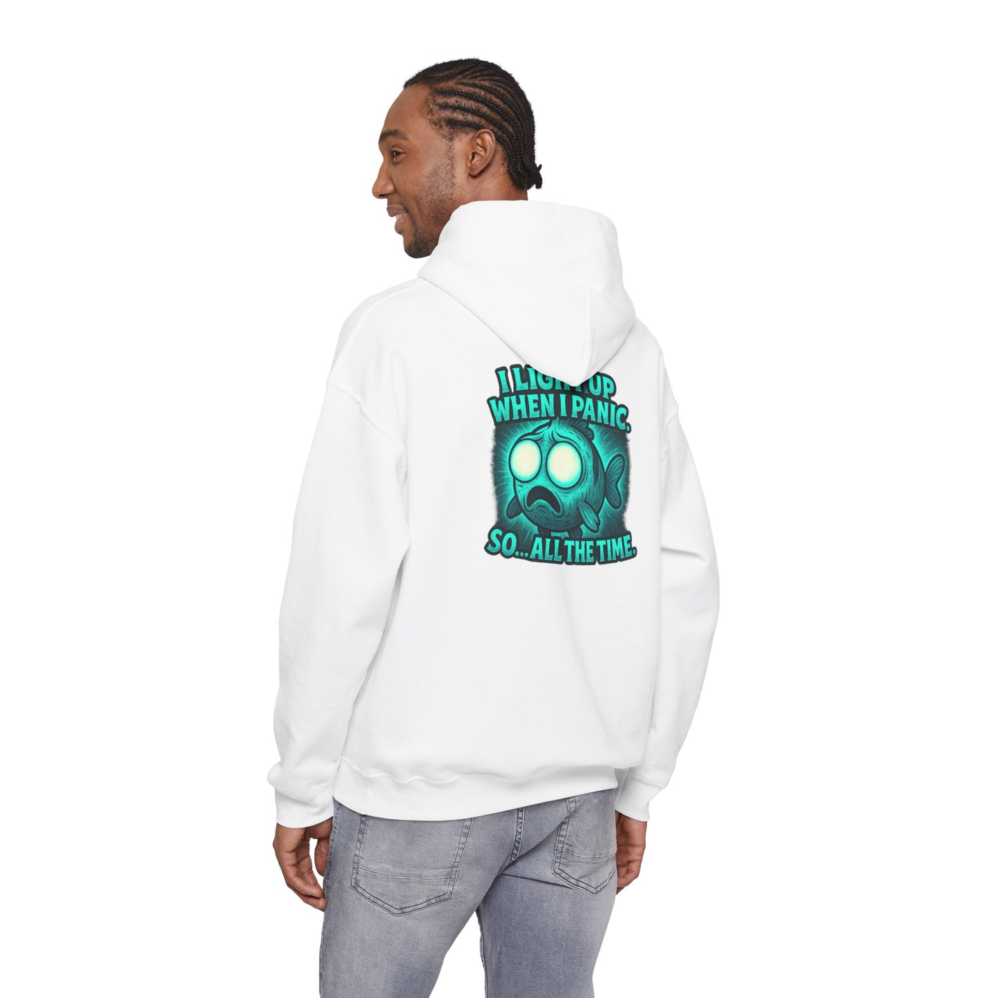 Panic Fish Hoodie — "I Lean Up When I Panic...So All The Time" Graphic Pullover