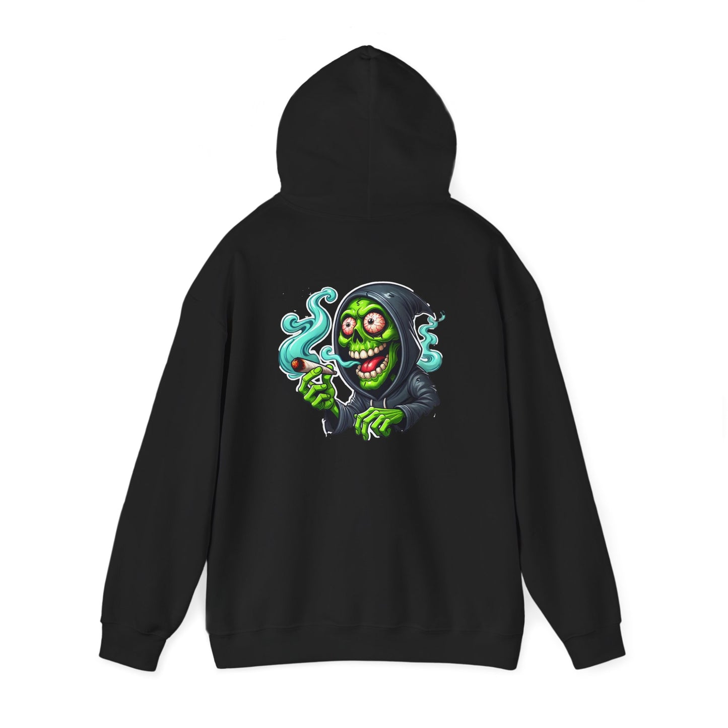 Grinning Reaper Hooded Sweatshirt – Spooky Green Skull Smoking Hoodie