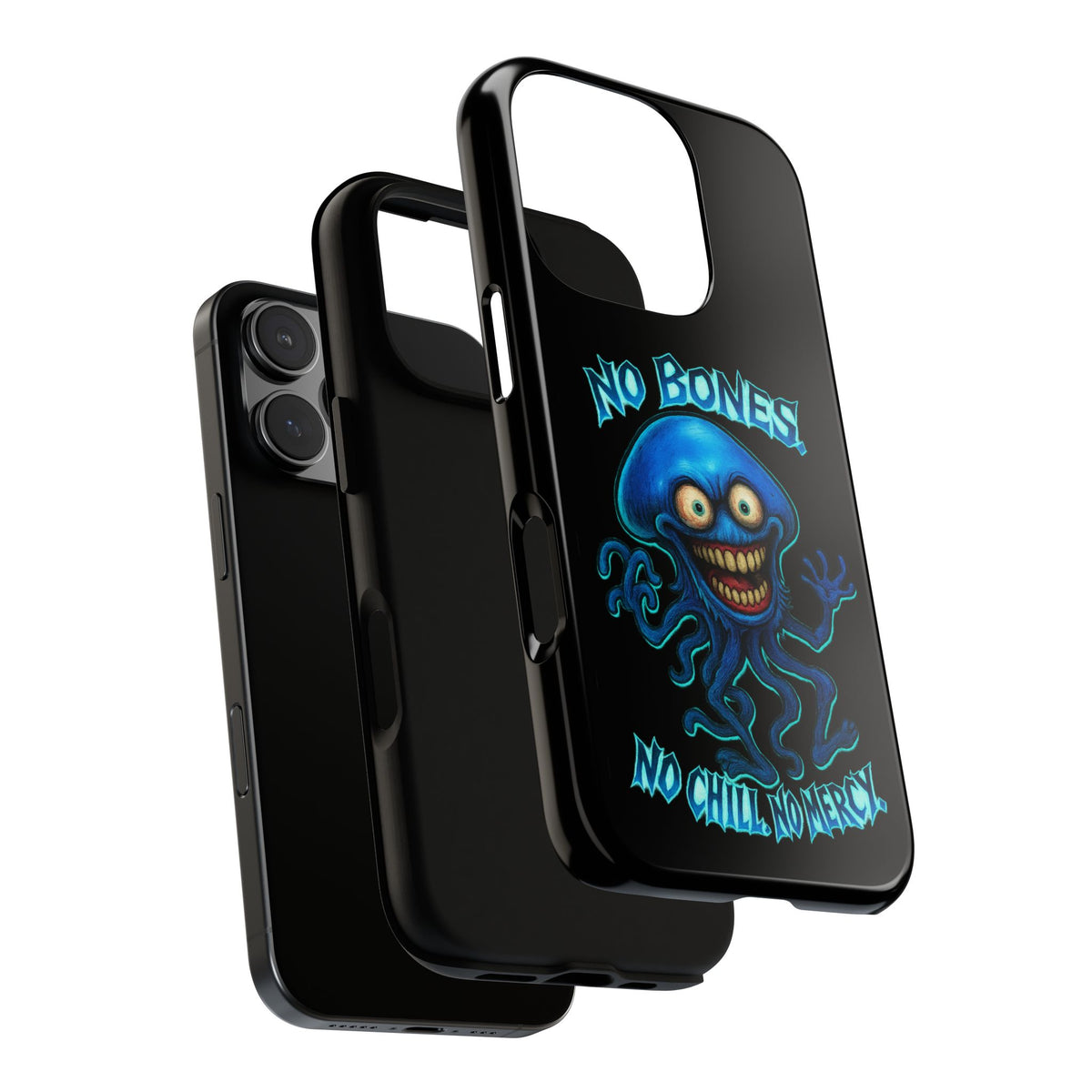 Phone Case — 'No Bones, No Chill, No Mercy' Blue Jellyfish Horror Design
