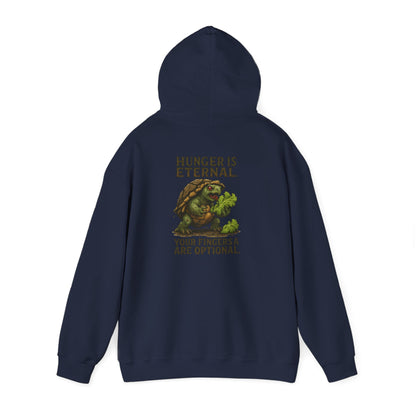 Hoodie — 'Hunger Is Eternal, Your Fingers Are Optional' Turtle Back-Print Hoodie