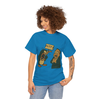 Graphic Tee - Cartoon Penguin Yelling “WTF” at Shocked Man