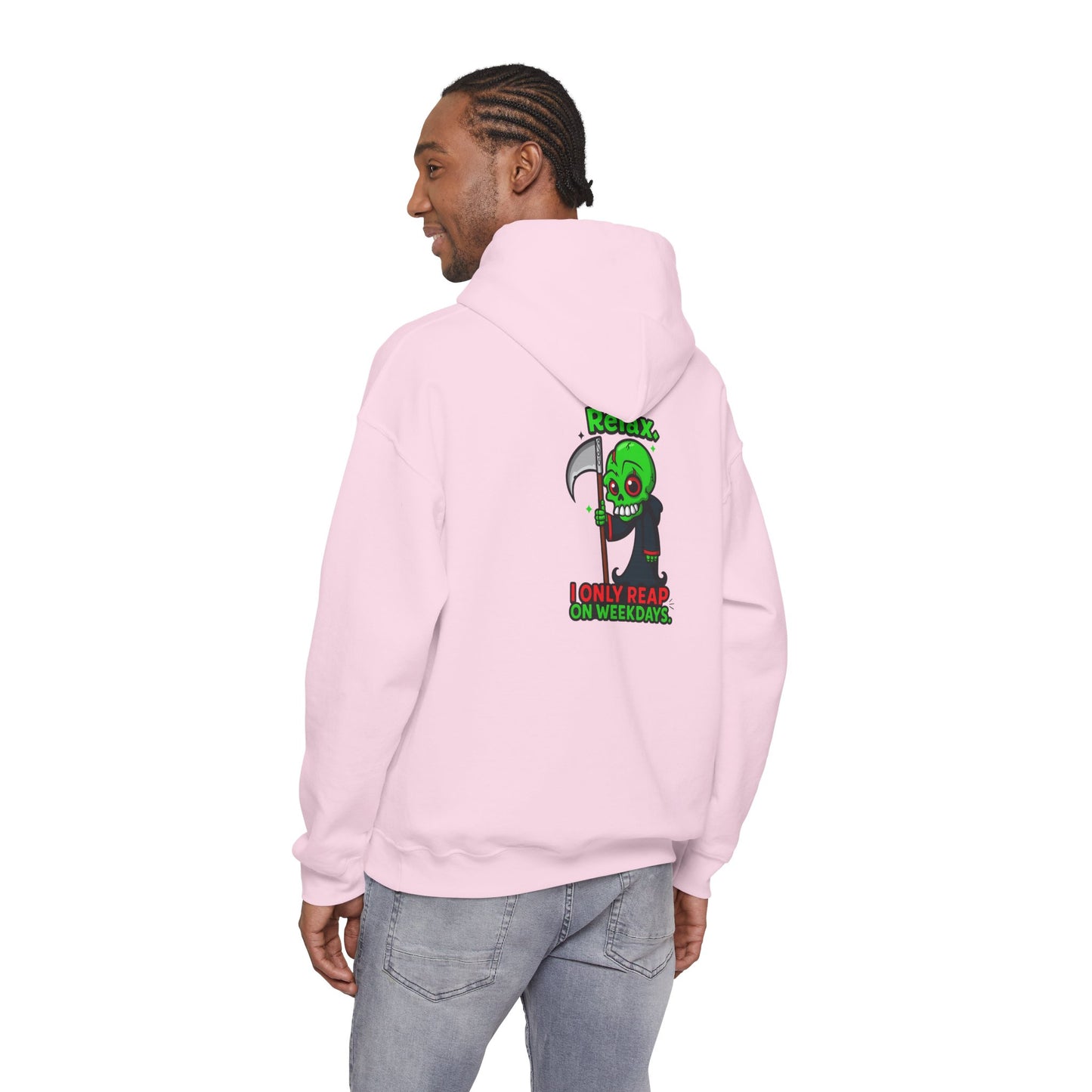 Grim Reaper Cartoon Hoodie — "I Only Read on Weekdays" Graphic Pullover