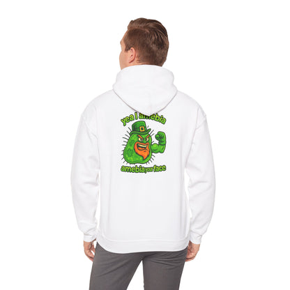 Amebiavirus St. Patrick's Day Hoodie — Funny Green Germ Mascot with 'yea bia amebiavirusface' Text