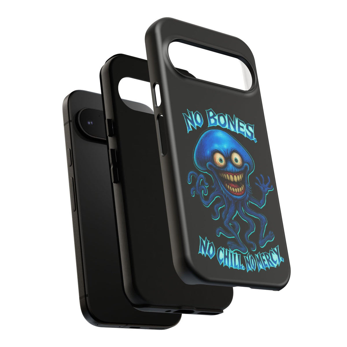 Phone Case — 'No Bones, No Chill, No Mercy' Blue Jellyfish Horror Design