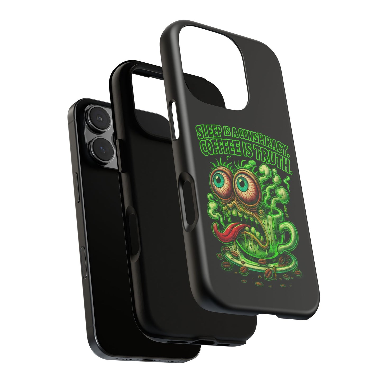 Phone Case — “Sleep Is a Conspiracy, Coffee Is Truth” Retro Monster Design