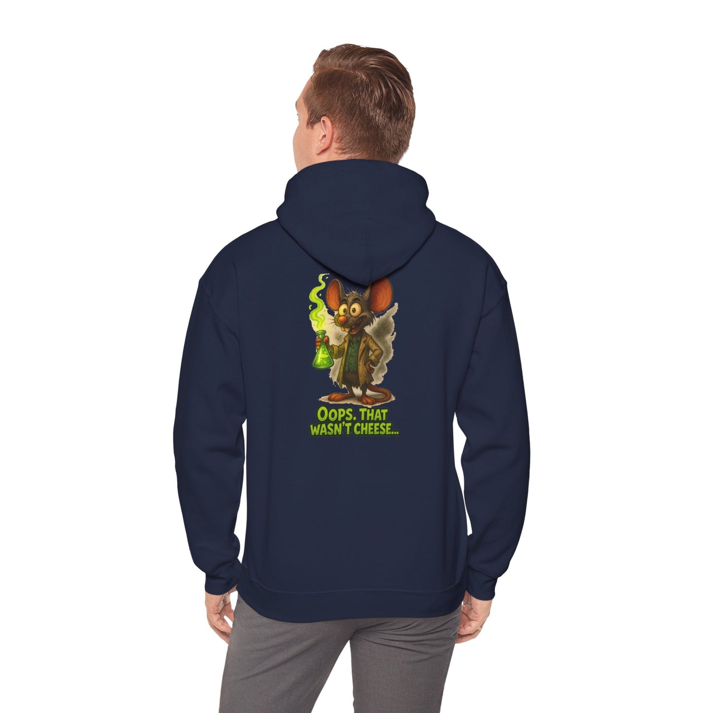Chemistry Mouse Hoodie — "Oops, That Wasn't Cheese" Cute Scientist Graphic