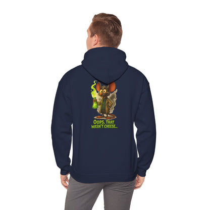 Chemistry Mouse Hoodie — "Oops, That Wasn't Cheese" Cute Scientist Graphic