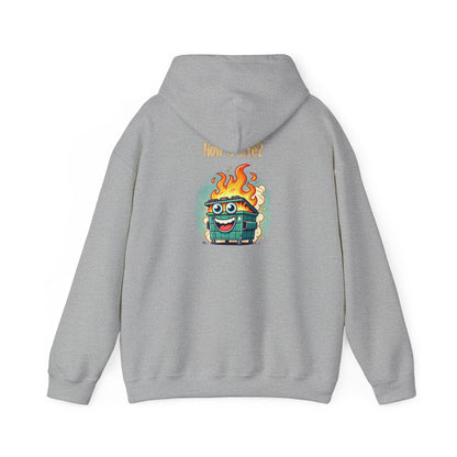 Dumpster Fire Hoodie - Funny Cartoon Trash Bin on Fire Graphic Hoodie