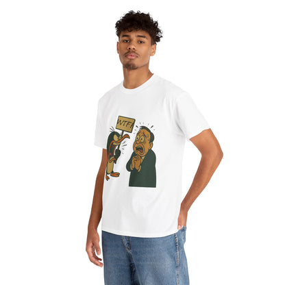 Graphic Tee - Cartoon Penguin Yelling “WTF” at Shocked Man