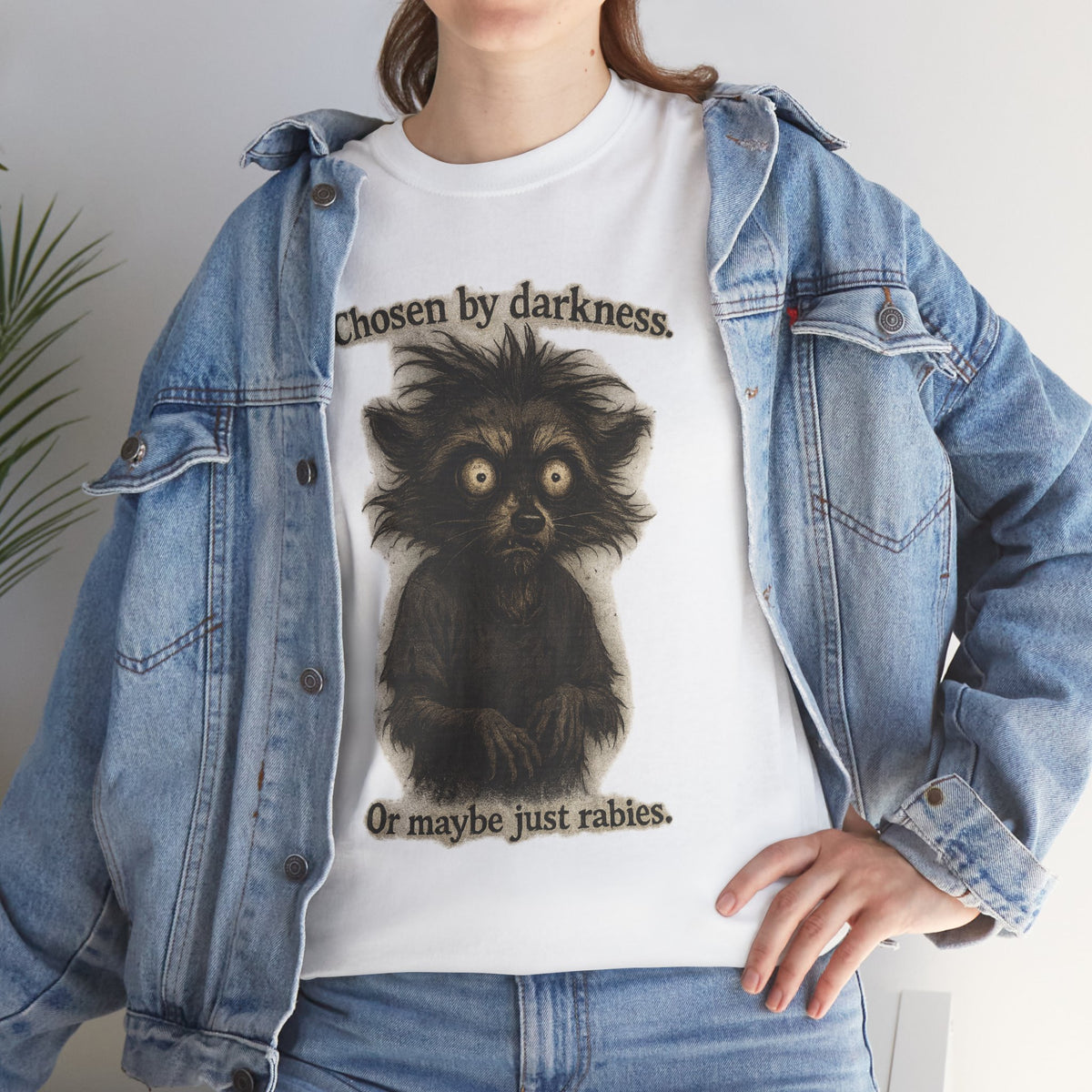 Tee — "Chosen by darkness. Or maybe just rabies." Cute Spooky Racoon Graphic Tee