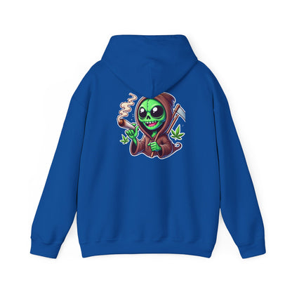 Reaper Alien Hoodie – Cute Green Grim Reaper Smoking Cartoon Graphic Hooded Sweatshirt
