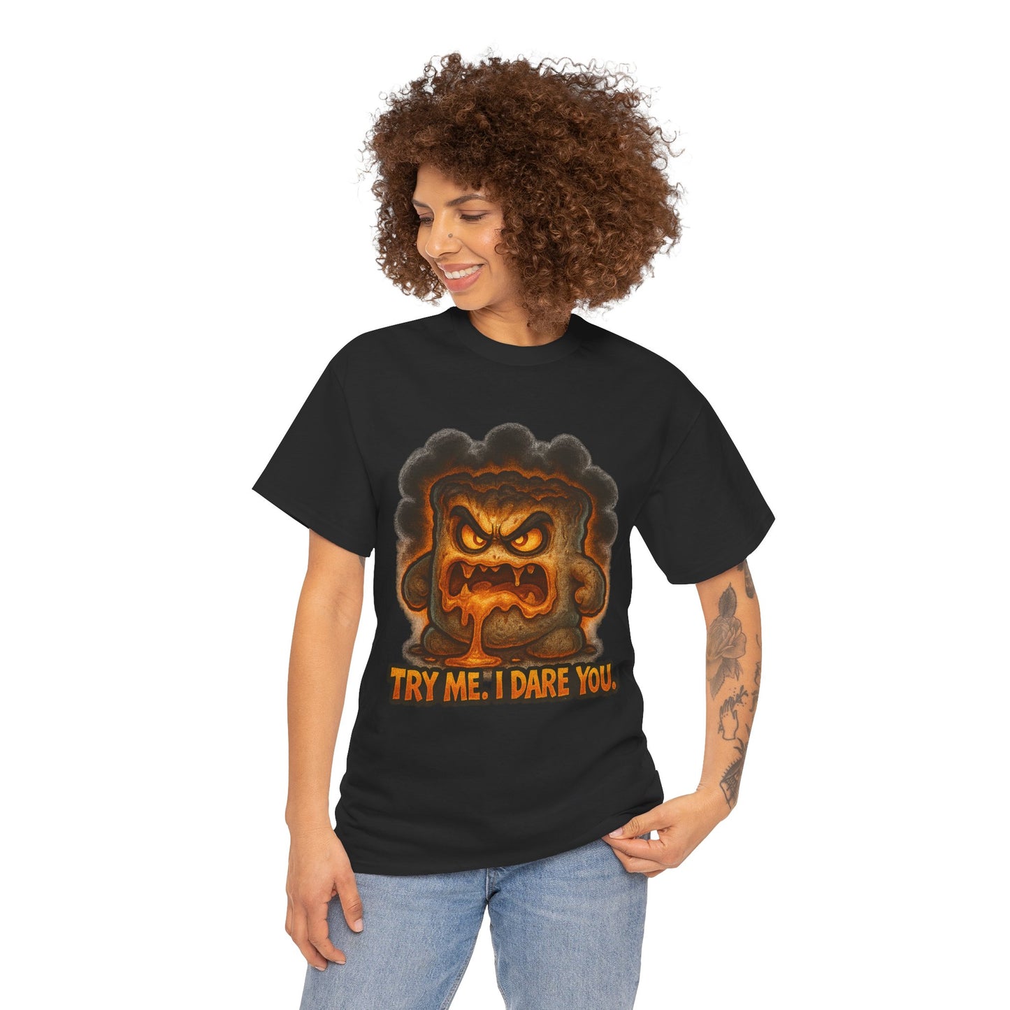 Graphic Tee — Fiery Toast 'Try Me, I Dare You' Cartoon Shirt