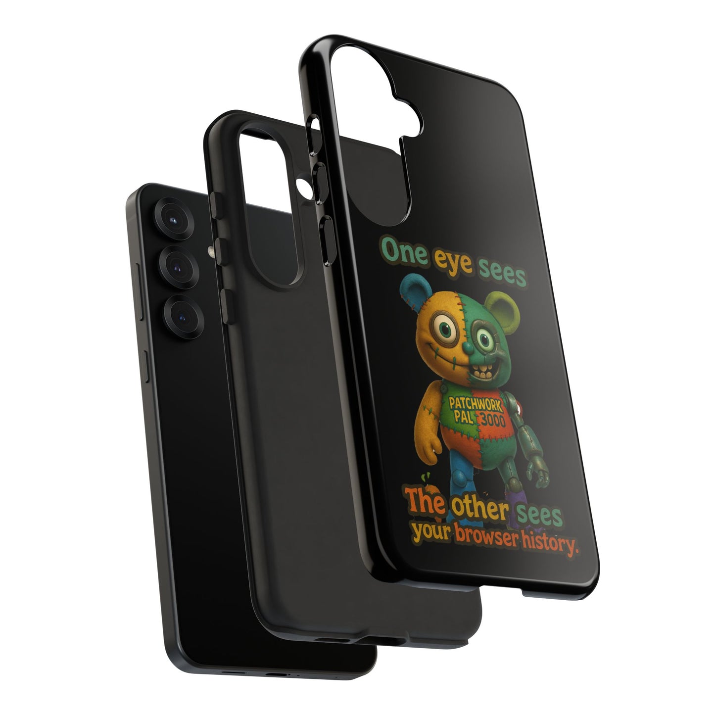 Phone Case — 'One Eye Sees, The Other Sees Your Browser History' Patchwork Bear Design