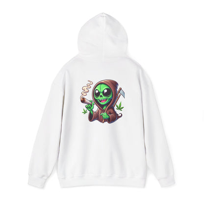 Reaper Alien Hoodie – Cute Green Grim Reaper Smoking Cartoon Graphic Hooded Sweatshirt
