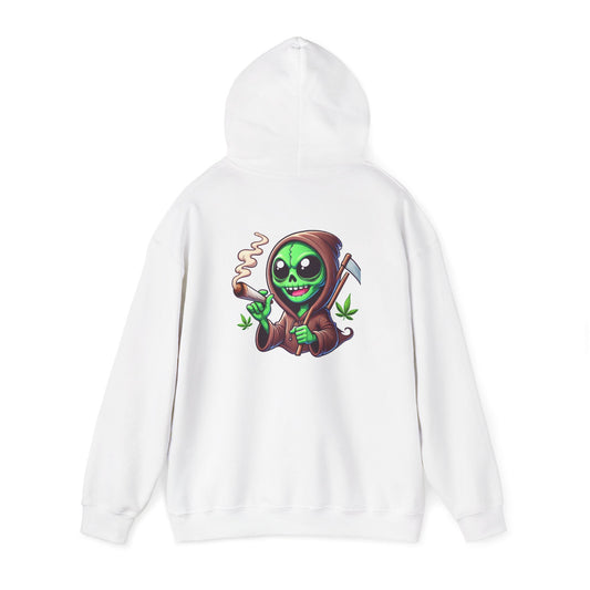 Reaper Alien Hoodie – Cute Green Grim Reaper Smoking Cartoon Graphic Hooded Sweatshirt
