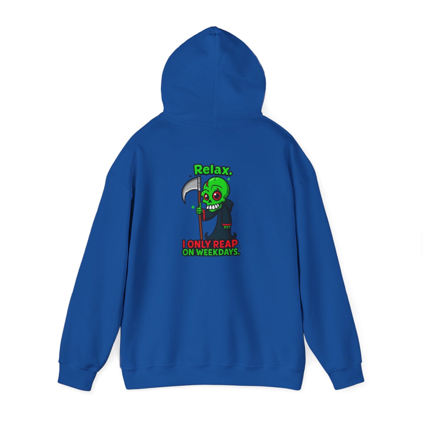 Grim Reaper Cartoon Hoodie — "I Only Read on Weekdays" Graphic Pullover