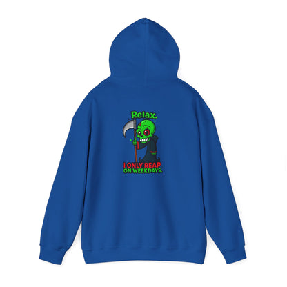 Grim Reaper Cartoon Hoodie — "I Only Read on Weekdays" Graphic Pullover