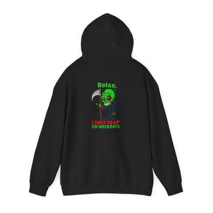 Grim Reaper Cartoon Hoodie — "I Only Read on Weekdays" Graphic Pullover