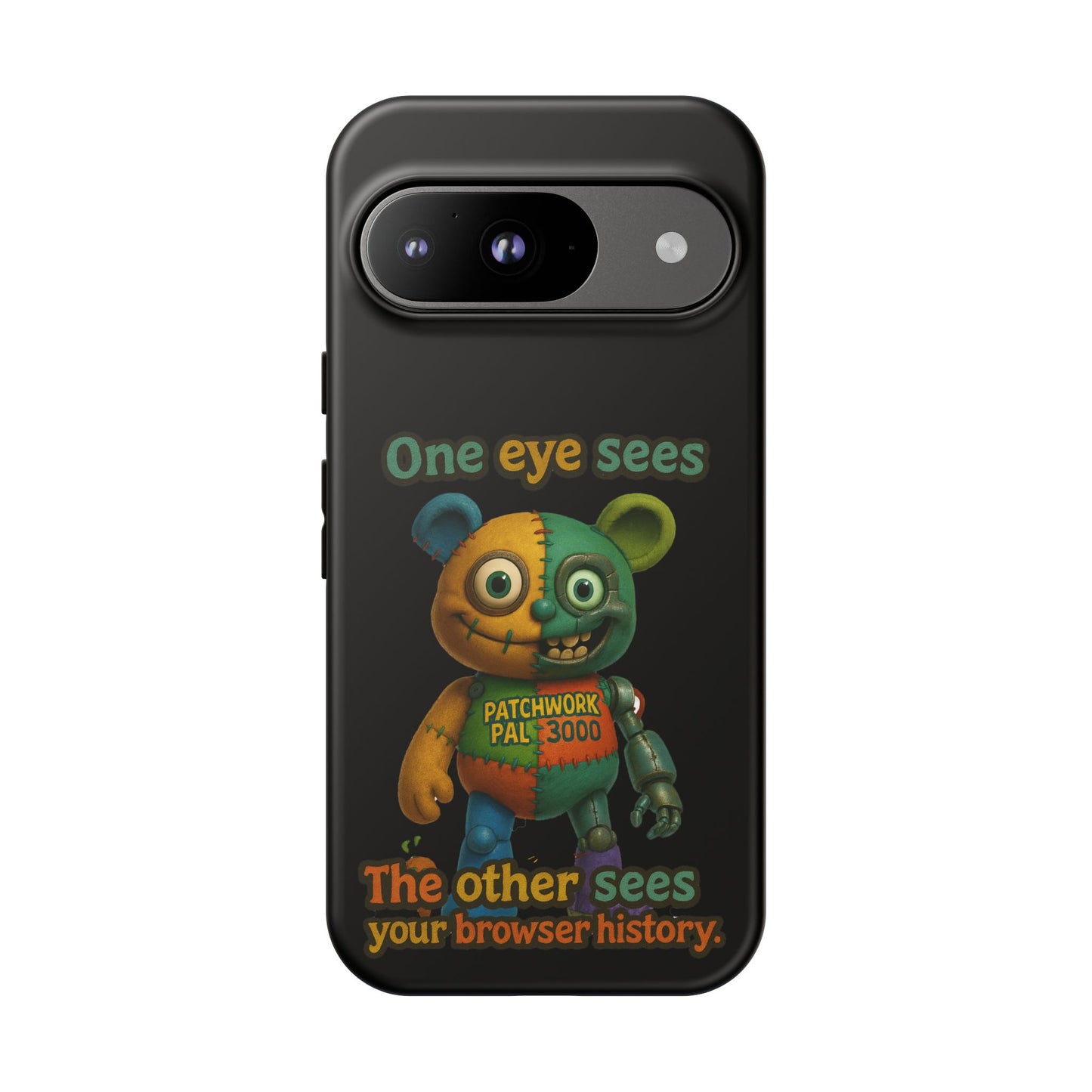 Phone Case — 'One Eye Sees, The Other Sees Your Browser History' Patchwork Bear Design