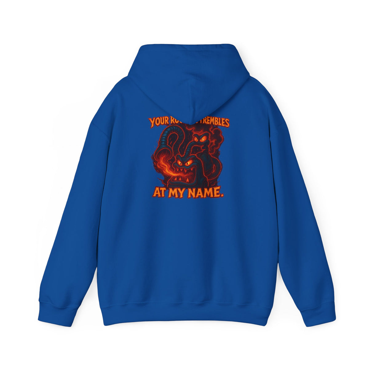 Hoodie — Fiery Demon Skull 'Your Roomba Trembls At My Name' Graphic Back Print