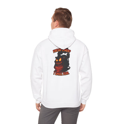 Horror Hoodie — 'Freshly Blended I Smell Fear' Graphic Back Sweatshirt