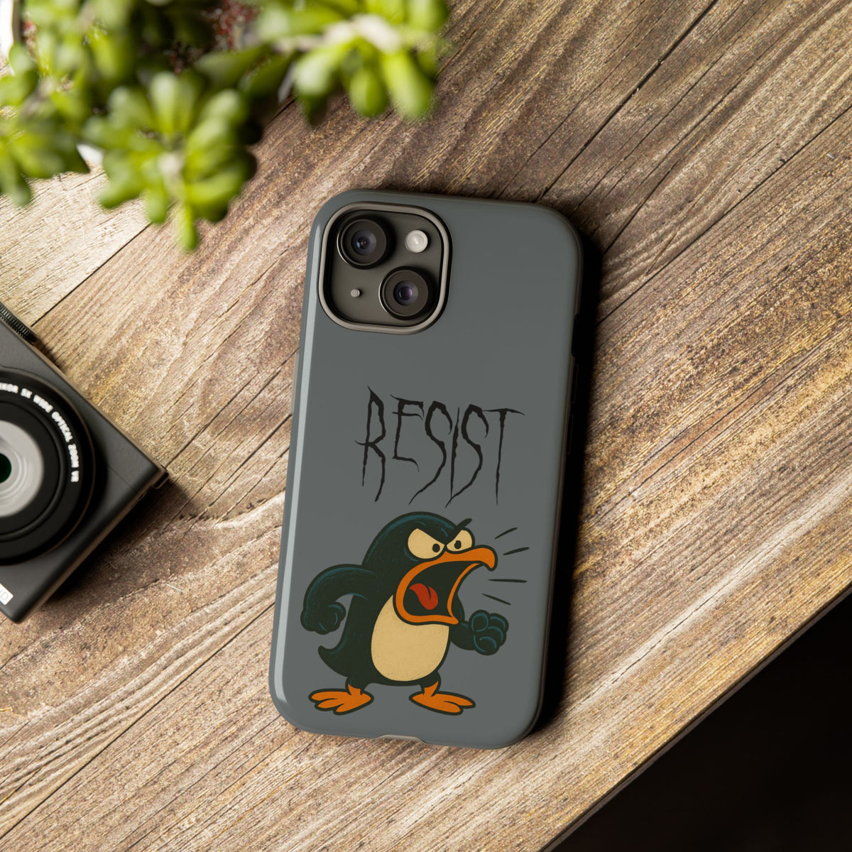 Resist Angry Penguin Phone Case — Protective iPhone Case with Bold Cartoon Design