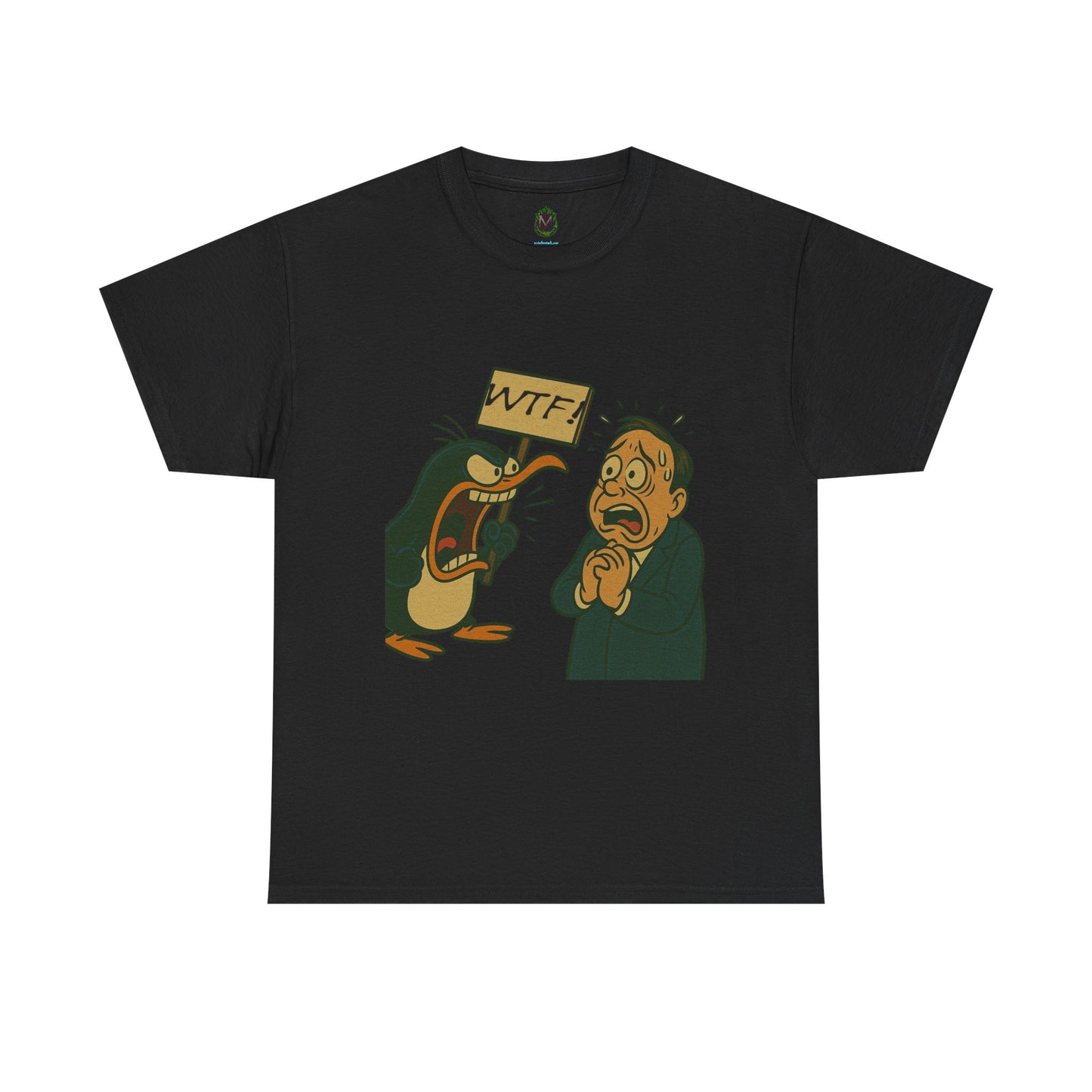 Graphic Tee - Cartoon Penguin Yelling “WTF” at Shocked Man