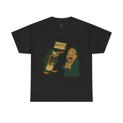 Graphic Tee - Cartoon Penguin Yelling “WTF” at Shocked Man