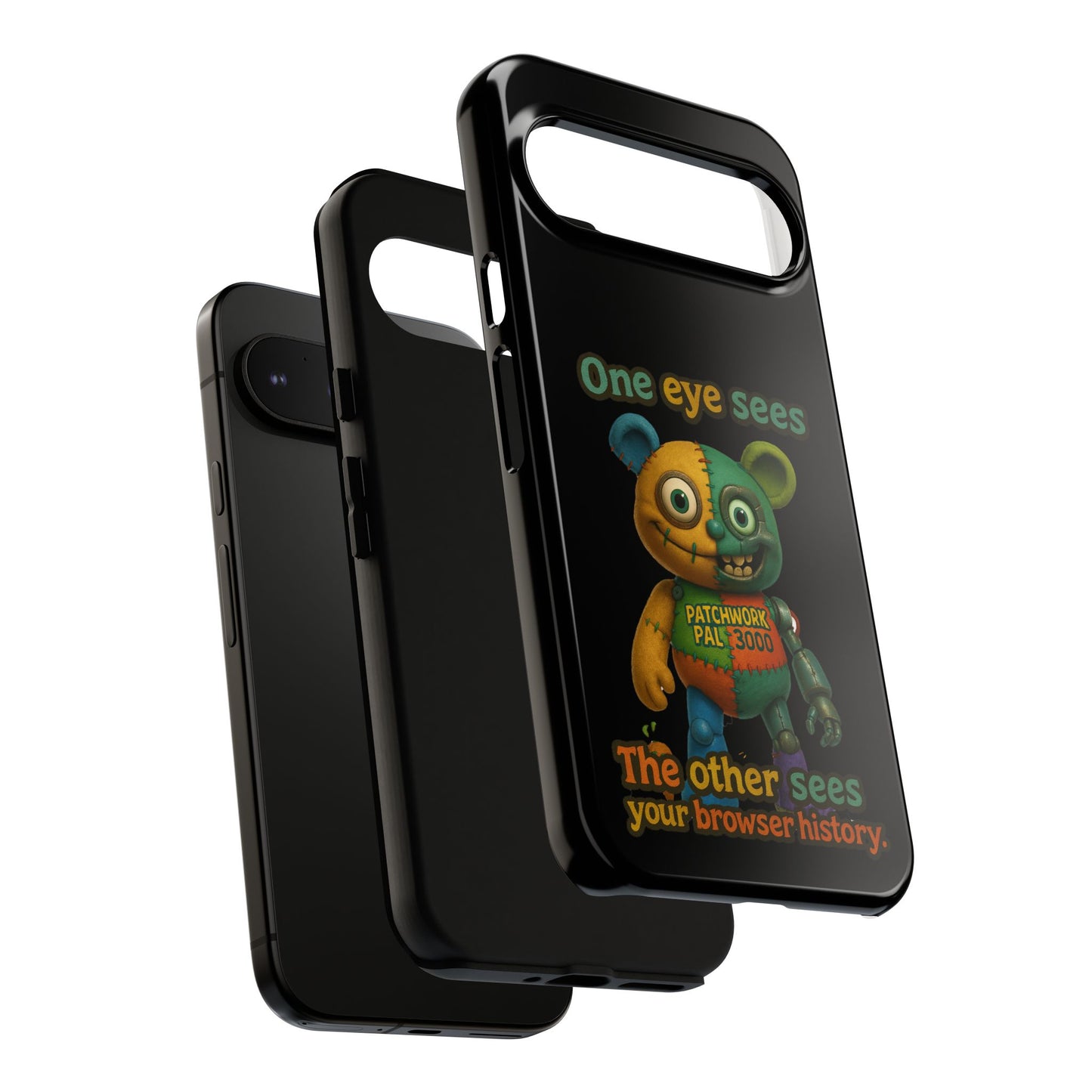 Phone Case — 'One Eye Sees, The Other Sees Your Browser History' Patchwork Bear Design