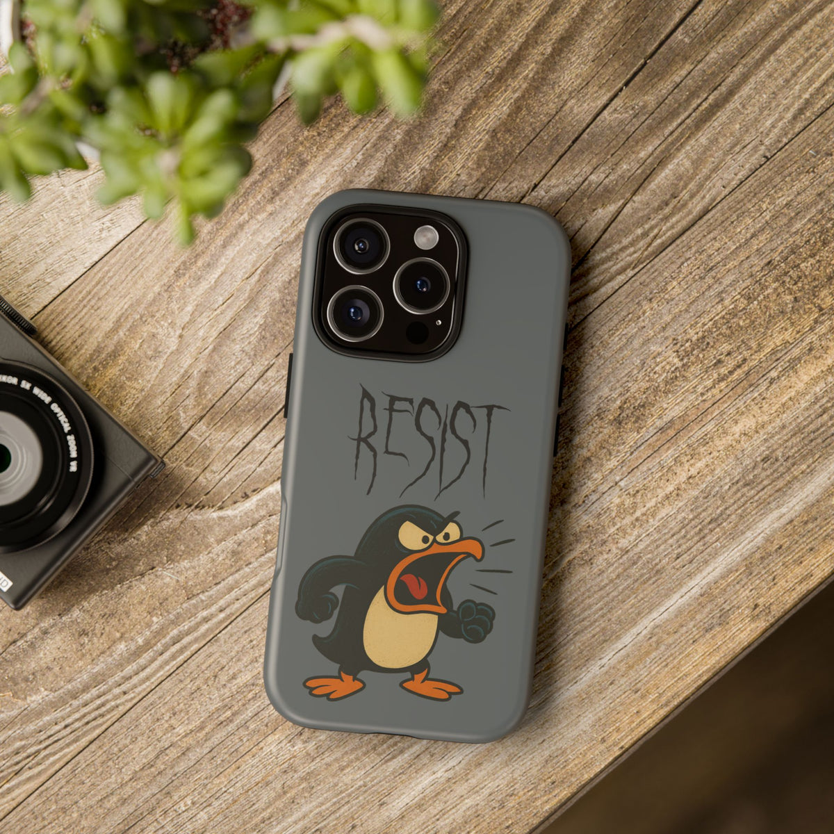 Resist Angry Penguin Phone Case — Protective iPhone Case with Bold Cartoon Design