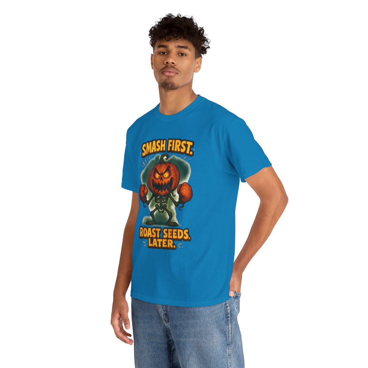 Smash First Pumpkin Boxer illustration T-Shirt | Halloween pumpkin design