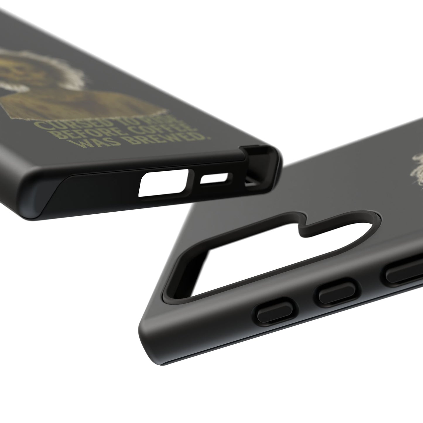 Phone Case — “Cursed to Rise Before Coffee Was Brewed” Goth Horror Design