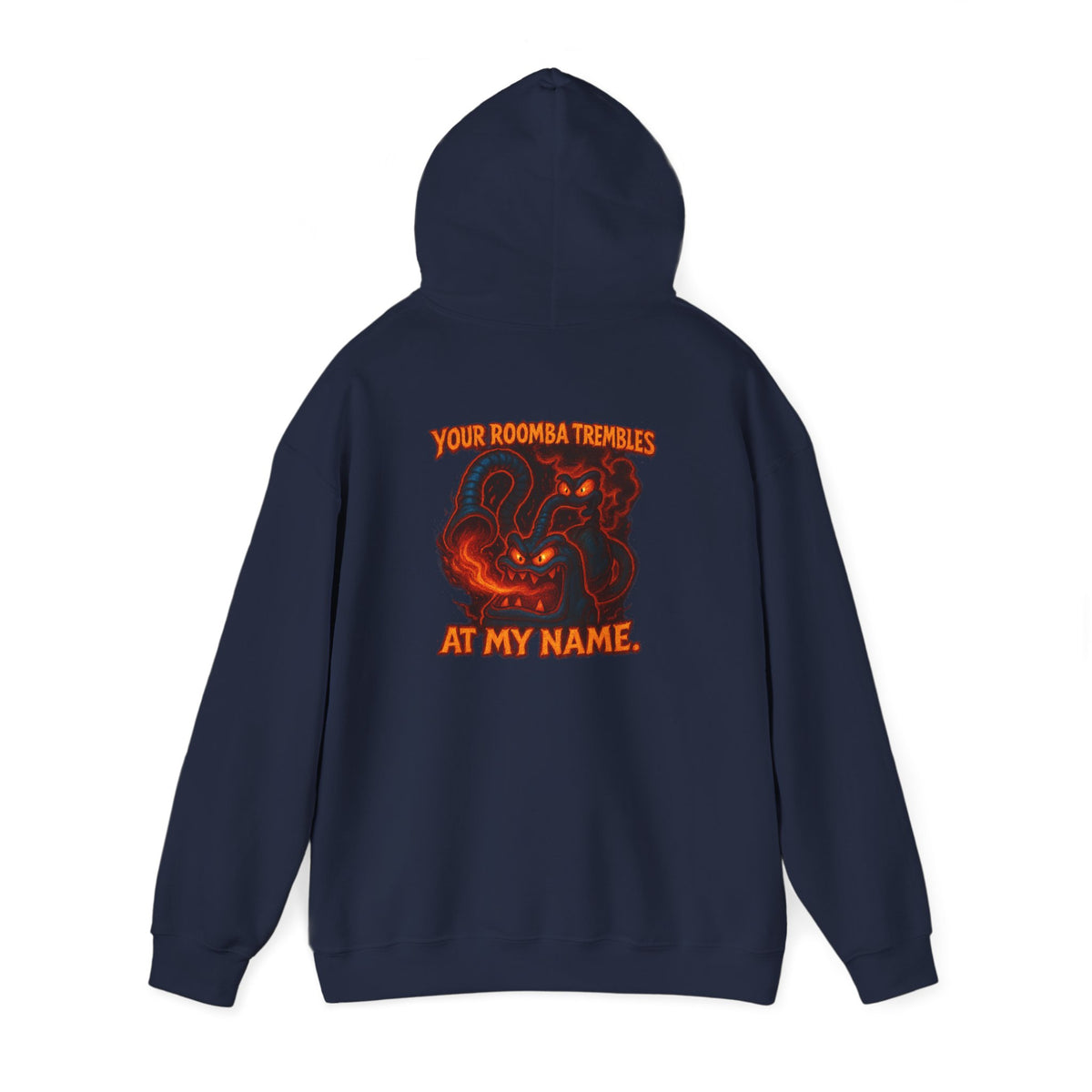 Hoodie — Fiery Demon Skull 'Your Roomba Trembls At My Name' Graphic Back Print