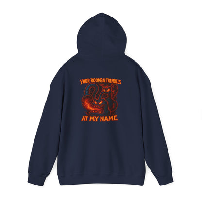 Hoodie — Fiery Demon Skull 'Your Roomba Trembls At My Name' Graphic Back Print