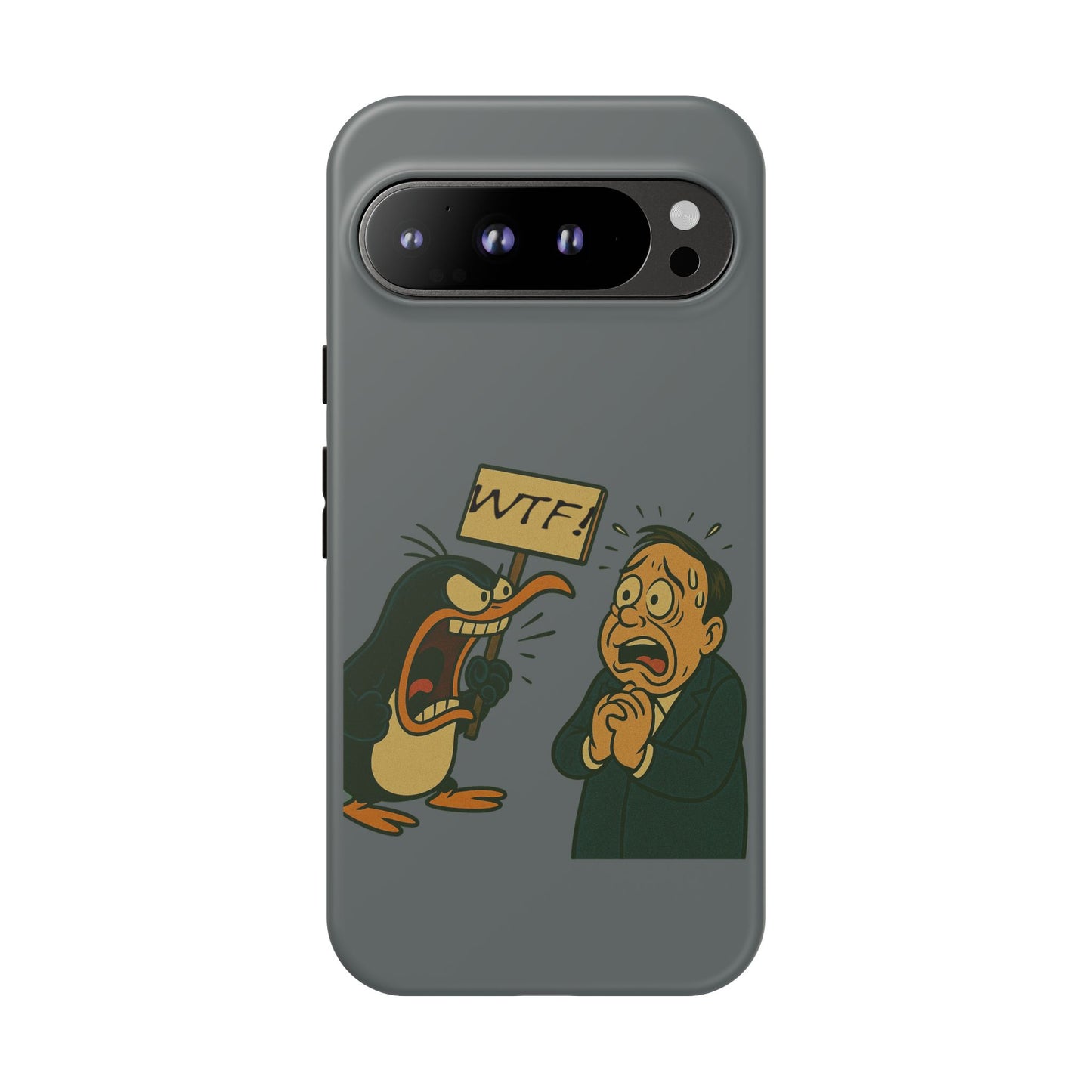 Phone Case - Cartoon Penguin Yelling 'WTF' at Shocked Man, Funny Protective iPhone Cover
