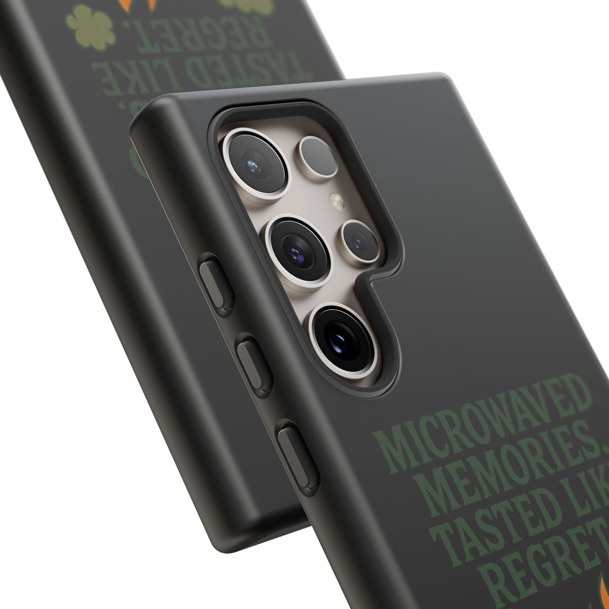 Microwaved Memories Phone Case — 'Microwaved Memories. Tasted Like Regret.' Retro Fire Design