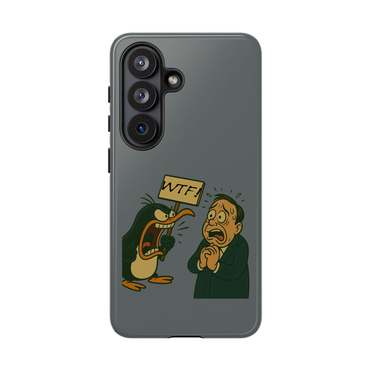 Phone Case - Cartoon Penguin Yelling 'WTF' at Shocked Man, Funny Protective iPhone Cover