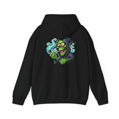 Grinning Reaper Hooded Sweatshirt – Spooky Green Skull Smoking Hoodie