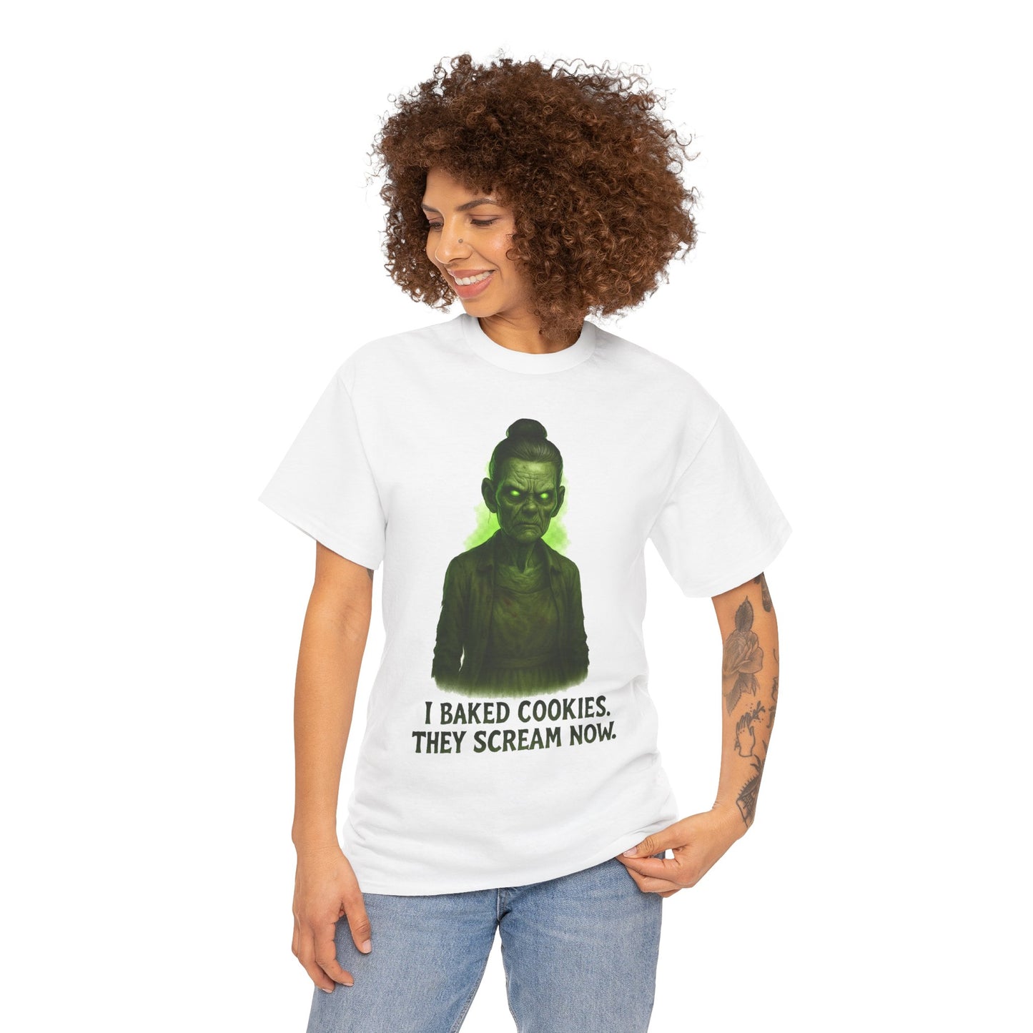 Creepy Green Girl Illustration T-Shirt | I Baked Cookies They Scream Now