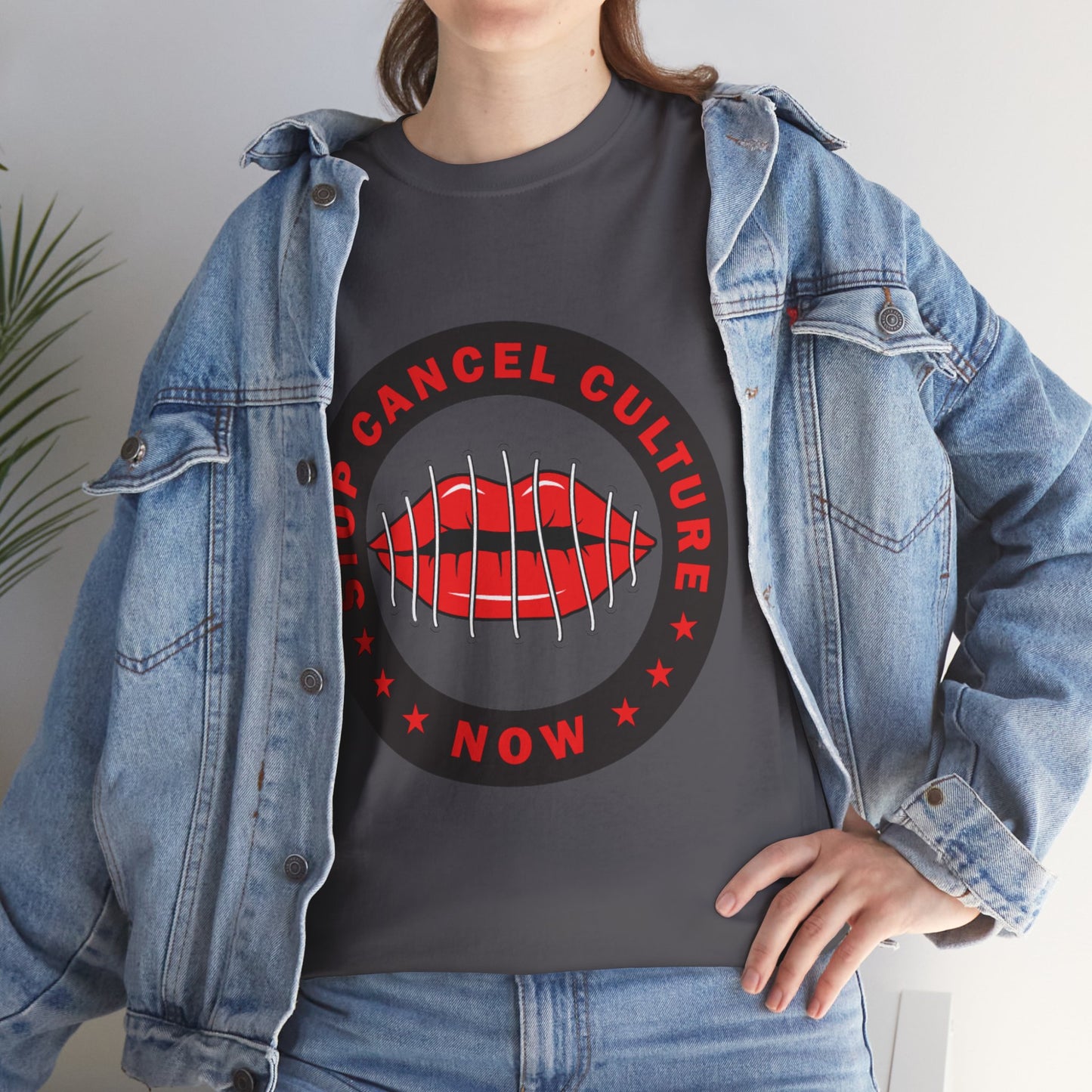 Stop Cancel Culture Now – Free Speech Tee (Barred Lips Design)