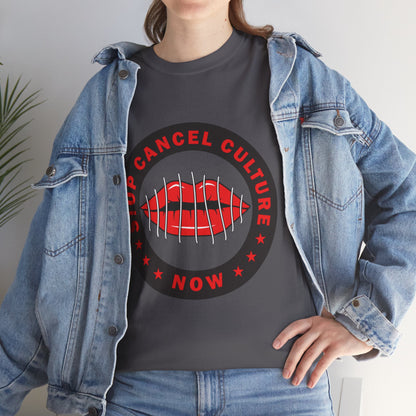Stop Cancel Culture Now – Free Speech Tee (Barred Lips Design)