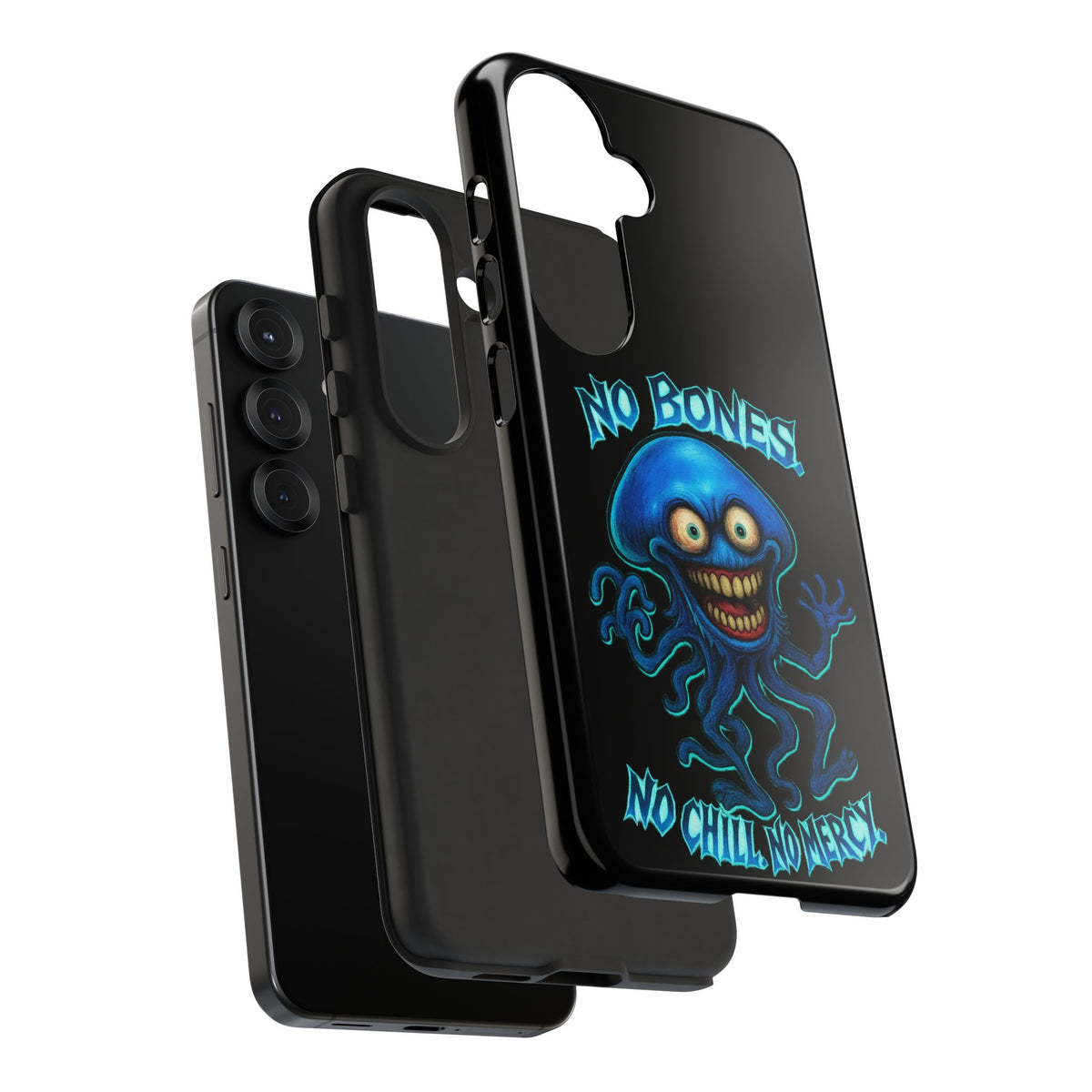 Phone Case — 'No Bones, No Chill, No Mercy' Blue Jellyfish Horror Design