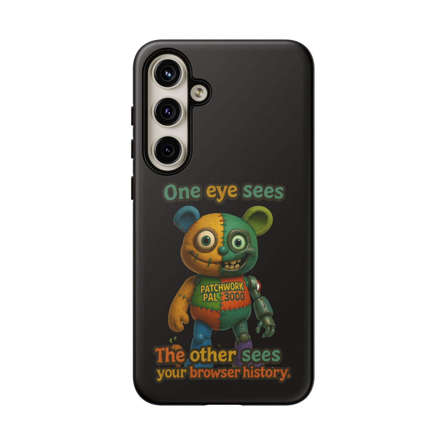 Phone Case — 'One Eye Sees, The Other Sees Your Browser History' Patchwork Bear Design