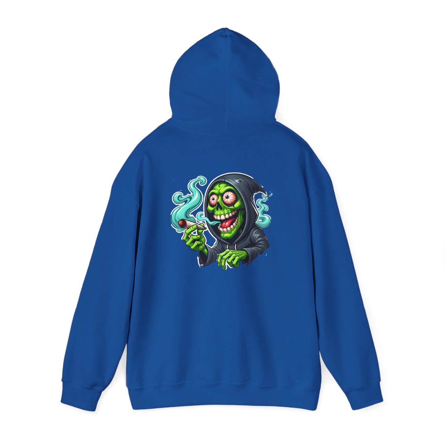 Grinning Reaper Hooded Sweatshirt – Spooky Green Skull Smoking Hoodie