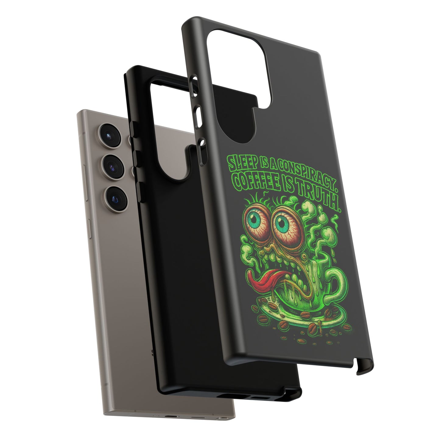 Phone Case — “Sleep Is a Conspiracy, Coffee Is Truth” Retro Monster Design
