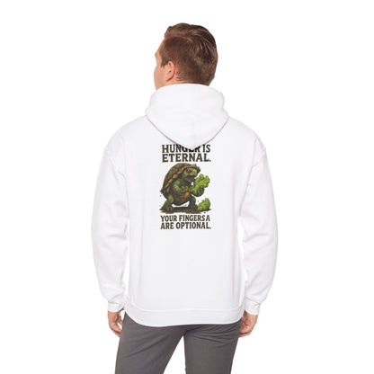 Hoodie — 'Hunger Is Eternal, Your Fingers Are Optional' Turtle Back-Print Hoodie