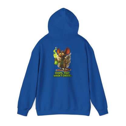 Chemistry Mouse Hoodie — "Oops, That Wasn't Cheese" Cute Scientist Graphic